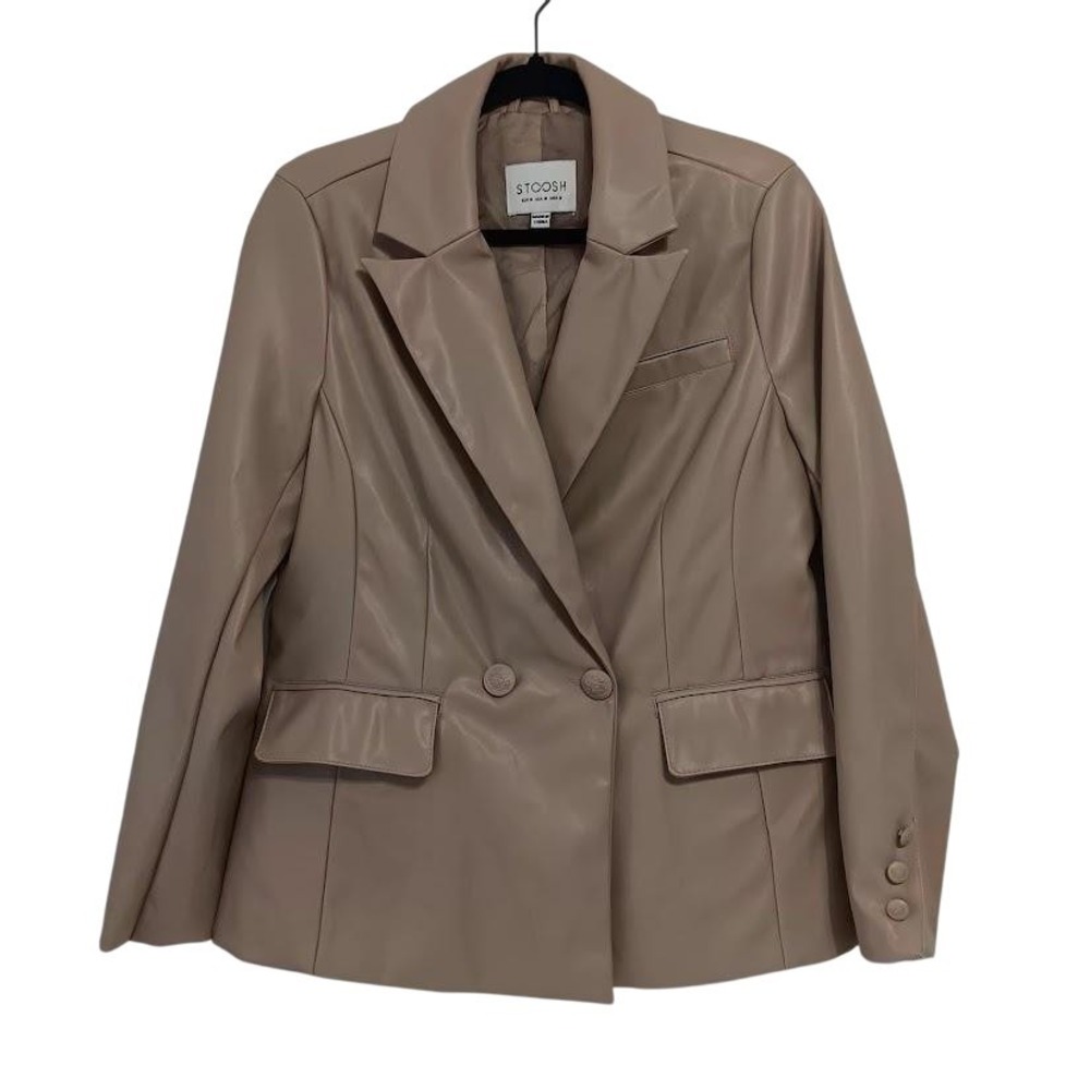 STOOSH Blazer Jacket Womens Medium Beige Faux Leather Lined Notch Lapel KJZ8083
